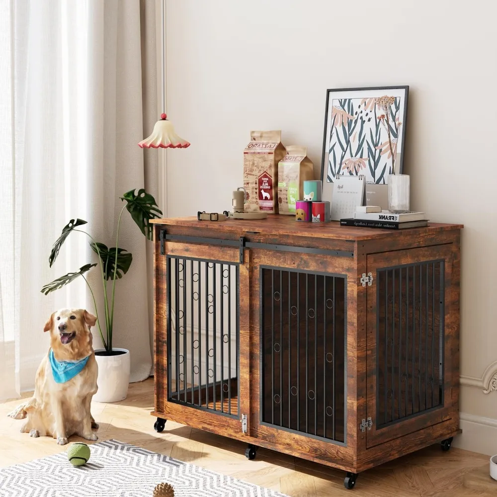 

Dream Large Dog Crate Furniture, 47" Wooden Dog Kennel With Sliding Barn Door, Flip-Top Lid & Wheels, Indoor Pet Crate