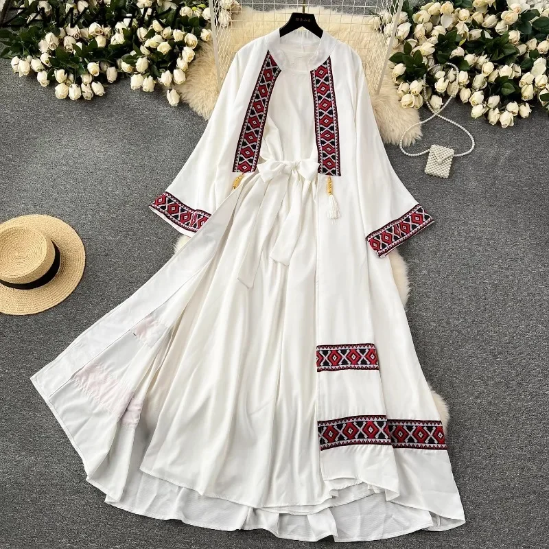 

Bohemian Femme Robe Bandage Solid Color Long Dress + Embroidery Patchwork Cardigan Vintage Elegant Fashion Two Piece Set Women