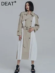 DEAT Fashion Women Trench Coat Lapel Double Breasted Pleated Contrast Colors Patchwork Windbreak Autumn 2024 New Tide 7AB3504