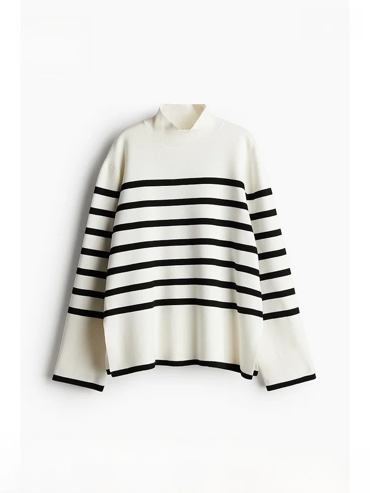 

Casual Long Sve Women's Knitted Sweater High Ne Striped Straight Cut H&M 69363 Comfortable Breathable Regular Fit