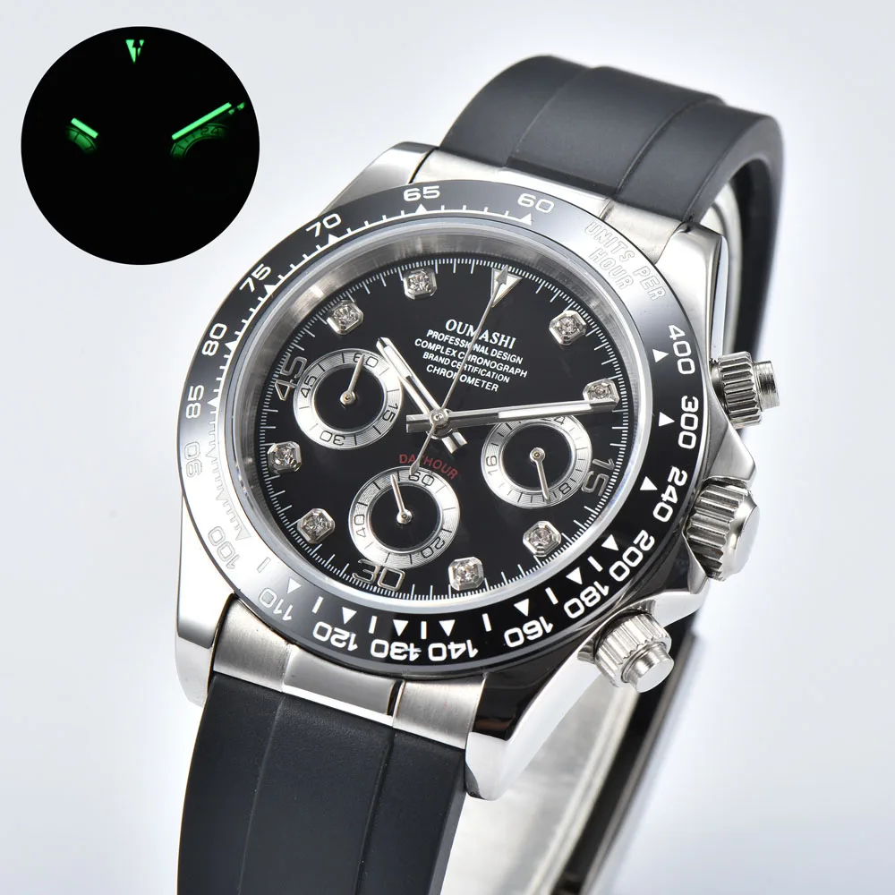 Jam tangan quartz mewah pria 39,3mm dengan strap karet, kristal safir, dan mesin quartz Jepang VK63, dapat dikustomisasi dengan logo.