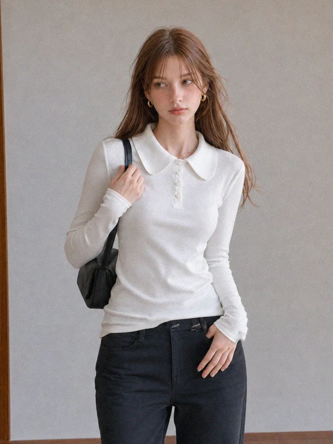 White Doll Collar Long Sleeve  Shirt Women's Slim Fit Autumn High Know Small Capital Suitable for Single Wear Korean Styl...