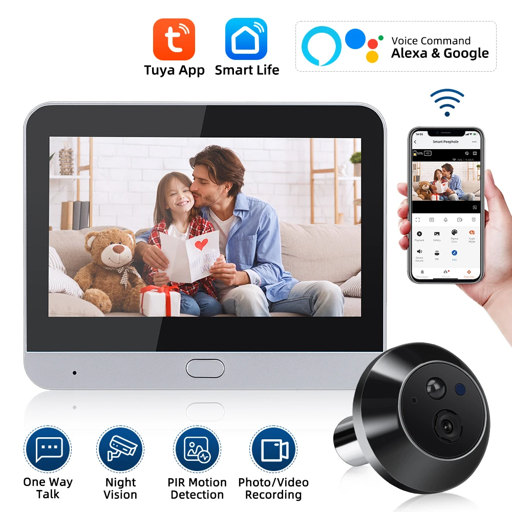 Elecpow Smart Home Tuya WiFi Peephole Camera Doorbell Camera 1080P 4.3Inch PIR Night Vision Motion Detection Digital Door Viewer