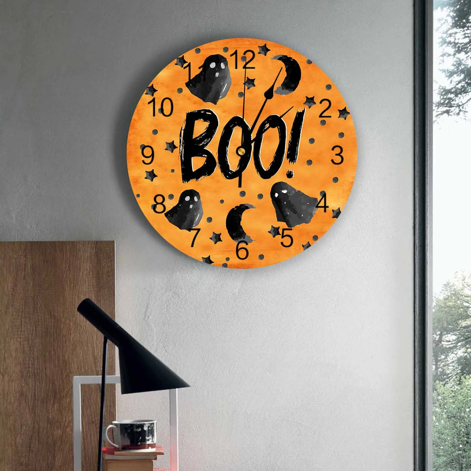 

Настенные часы для спальни, оранжевый фон, BOO Ghosts, часы для гостиной, украшения для детской комнаты, кабинет, бесшумные настенные часы