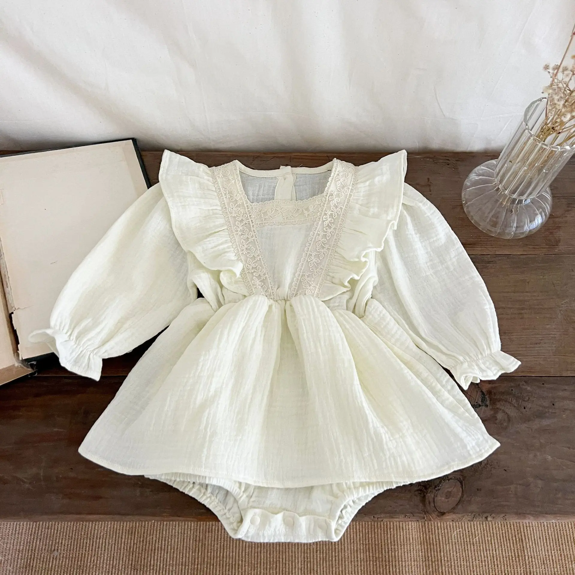 Autumn Newborn Infant Baby Girls Romper Skirt Muslin Long Sleeve Lace Princess Rompers Kids Onepiece Fashion Baby Clothing