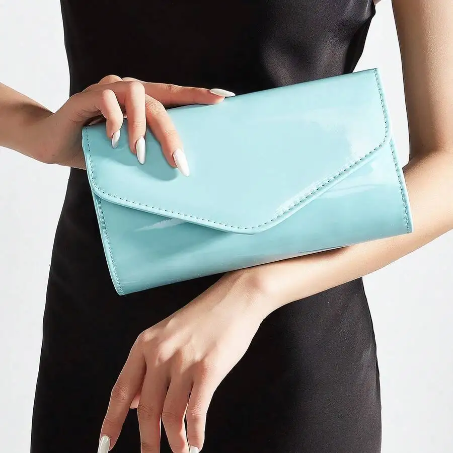 

Mint Blue Patent PU Envelope Clutch For Women, Detachable Chain, Evening Wedding Party Accessory, Compact Cosmetic Wallet