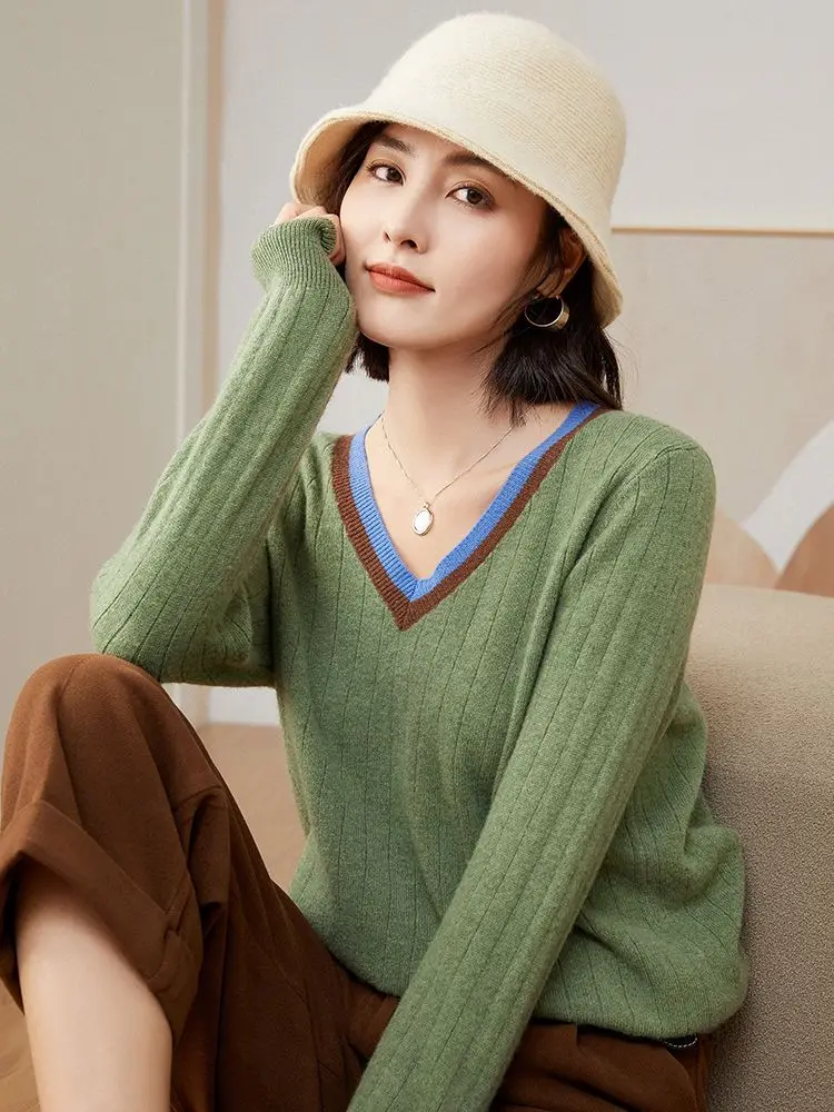 Women\'s Autumn Sweater V-Neck Long Sleeve Pullover 100% Merino Wool Multicolor Cashmere Knitwear Female Clothing Grace Tops