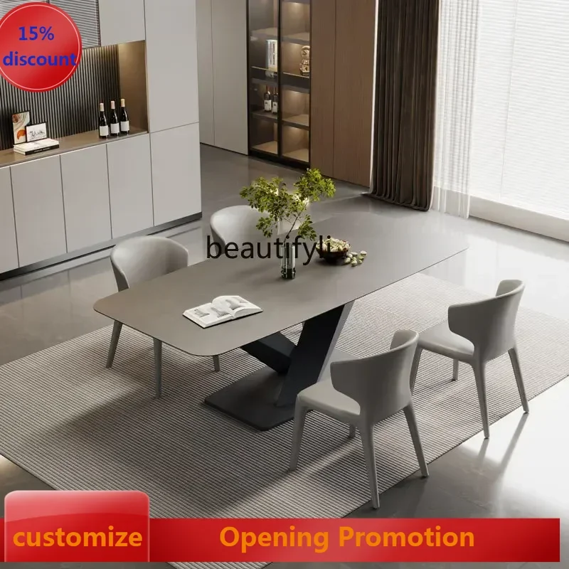 

ss7486 Designer Italy imported rock slab scratch-resistant high temperature modern rectangular dining table and chairs New Light