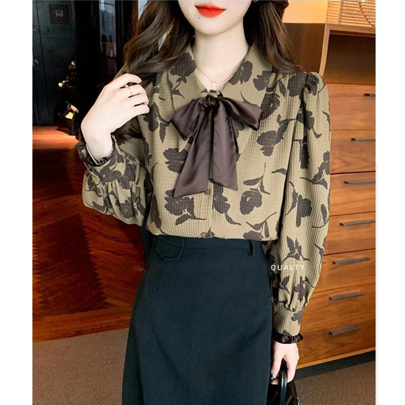 Women\'s Clothing 2024 Korean Fashion Bow Print Button Up Shirt Chic Sweet Chiffon Blouse Casual Long Sleeve Tops Blusas De Mujer