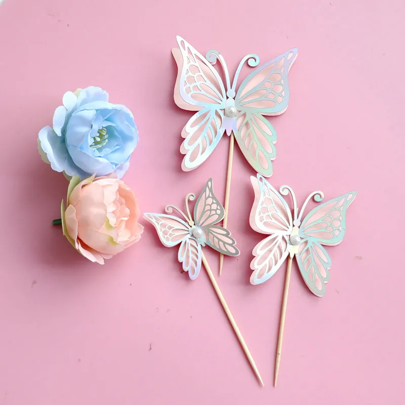 3pcs Paper Fairy Mushroom Pearl Cake Toppers Butterfly Cake Decoration for Birthday Wedding Party Decor Cake Decorating Supplies