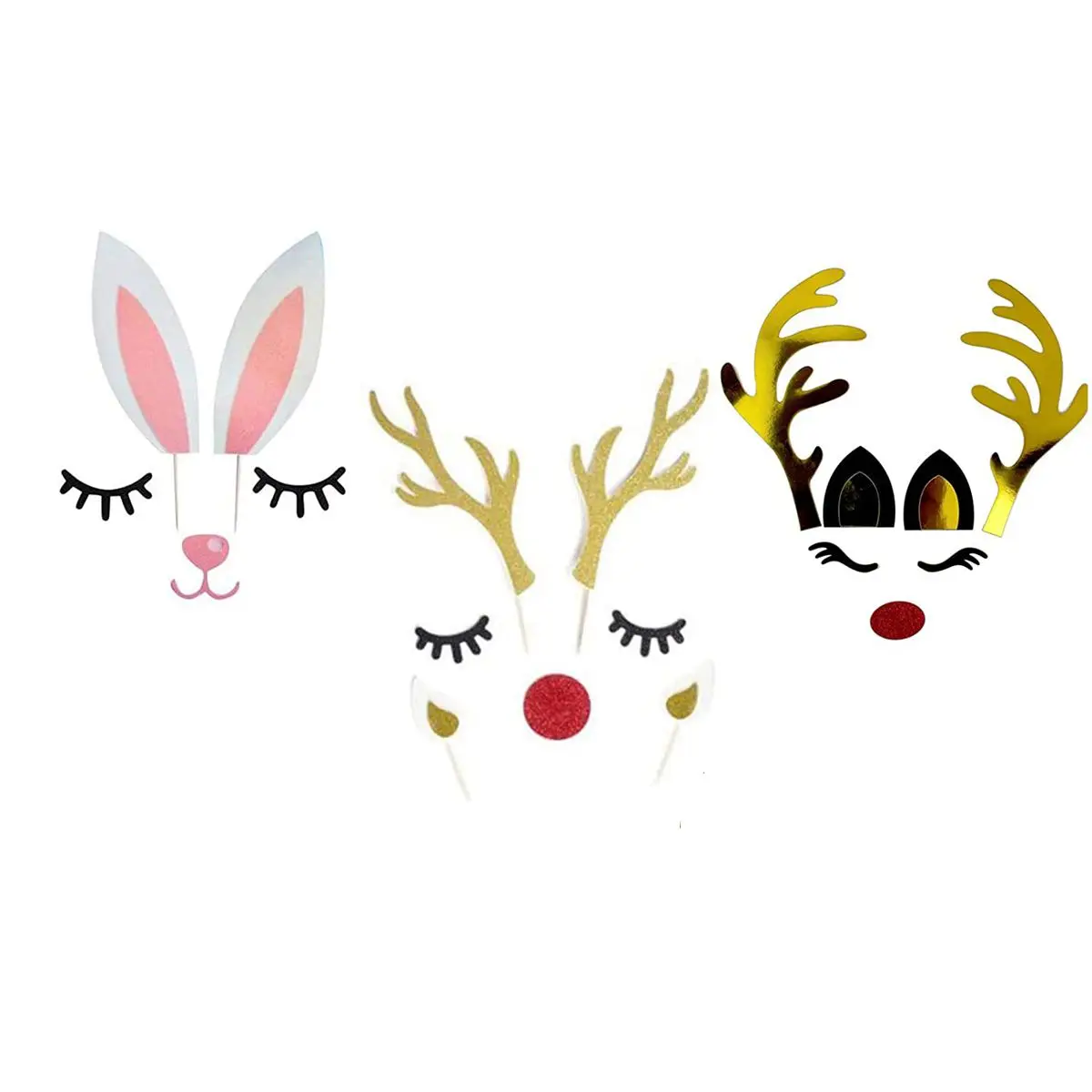 

Wedding Birthday Xmas Deer Antler Reindeer with Eyelashes Nose Cake Topper Christmas Decoration Rabbit Ears Party Supplies