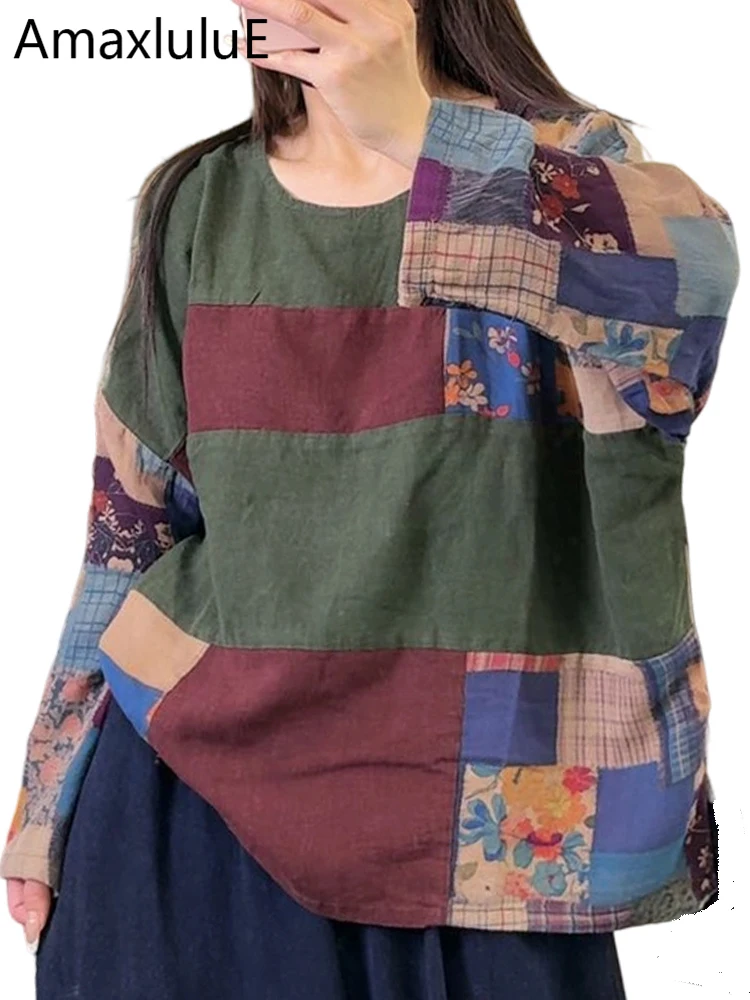 

Amax LuluE Fashion 2026 Spring Patchwork Blouses Womens Casual European Design Shirts Ladies Classic Vintage Cotton Linen Tops