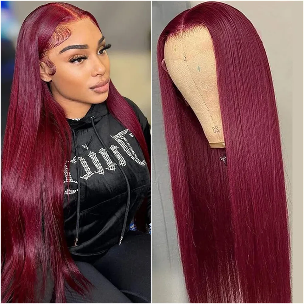 

200 Density 99J Burgundy 13x6 HD Lace Frontal Human Hair Wig 36 Inch Colored Bone Straight 13x4 Lace Front Wigs For Women