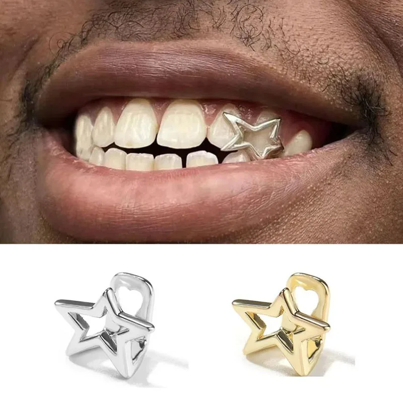 Hip Hop Punk Hollow Pentagram Star Teeth Grillz Gold Silver Color Tooth Caps For Women Men Jewelry Halloween