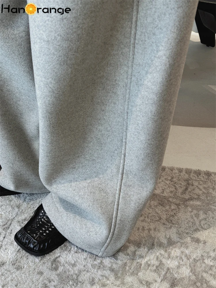 HanOrange 2025 Inverno Semplice con cintura Pantaloni in lana composita a gamba larga Pantaloni raddrizzanti da donna Albicocca/Grigio chiaro