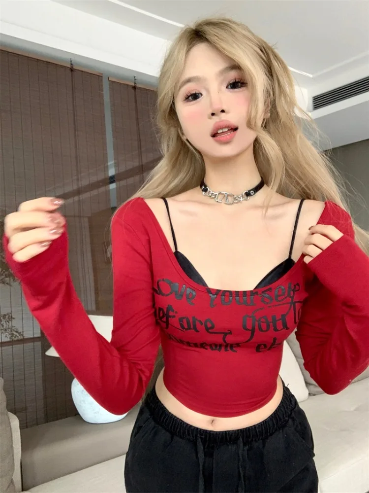 

Sexy Black Camisole Tank Top Women Early Autumn American Design Letter Print Long Sleeve Top Two-Piece Set Inner Wear Strap