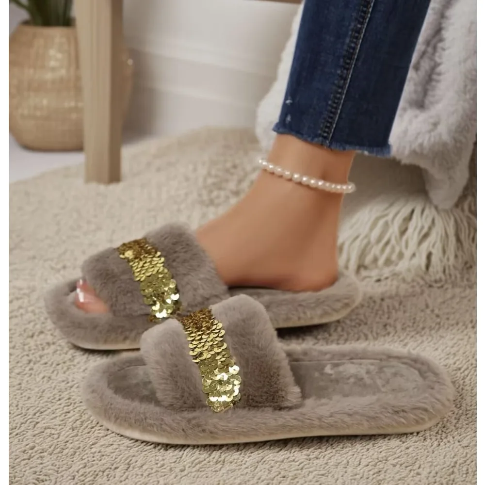 New Women Winter glitter Designer Embroidered Bees Furry Slippers Fashion Lightweight comfortable Warm Short Plush Home Slippers