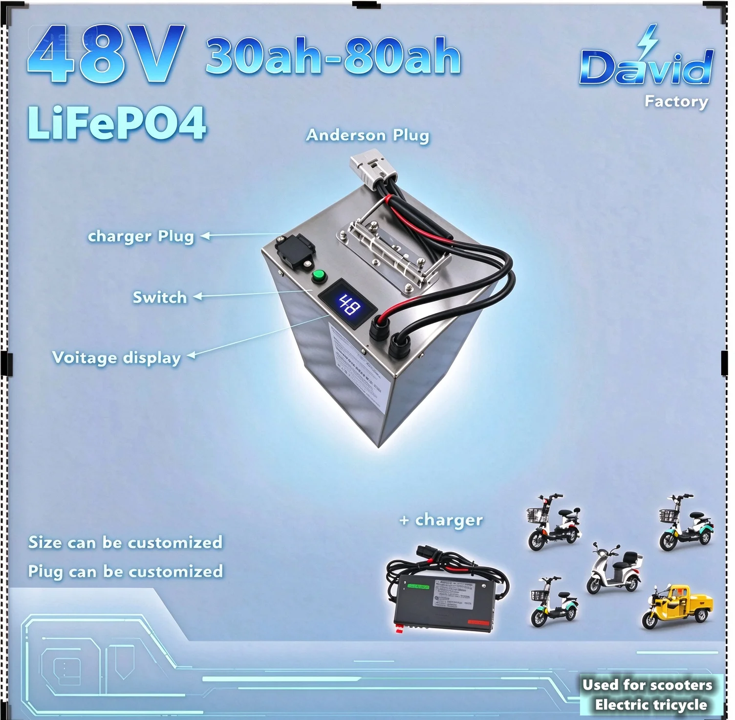 48V 30Ah-180Ah scooter LiFePO4 Battery for 500W 800W 1KW 2KW 3KW Golf Cart Tractor Two Wheeler Vehicle scooter tricycle