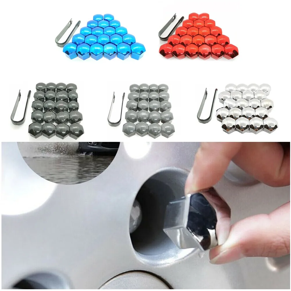 20pcs Car Wheel Nut Cap Protection Covers Anti-Rust Auto Tire Bolt Gray, Silver, Red 17mm Head Wheel Screws With Removing Clip