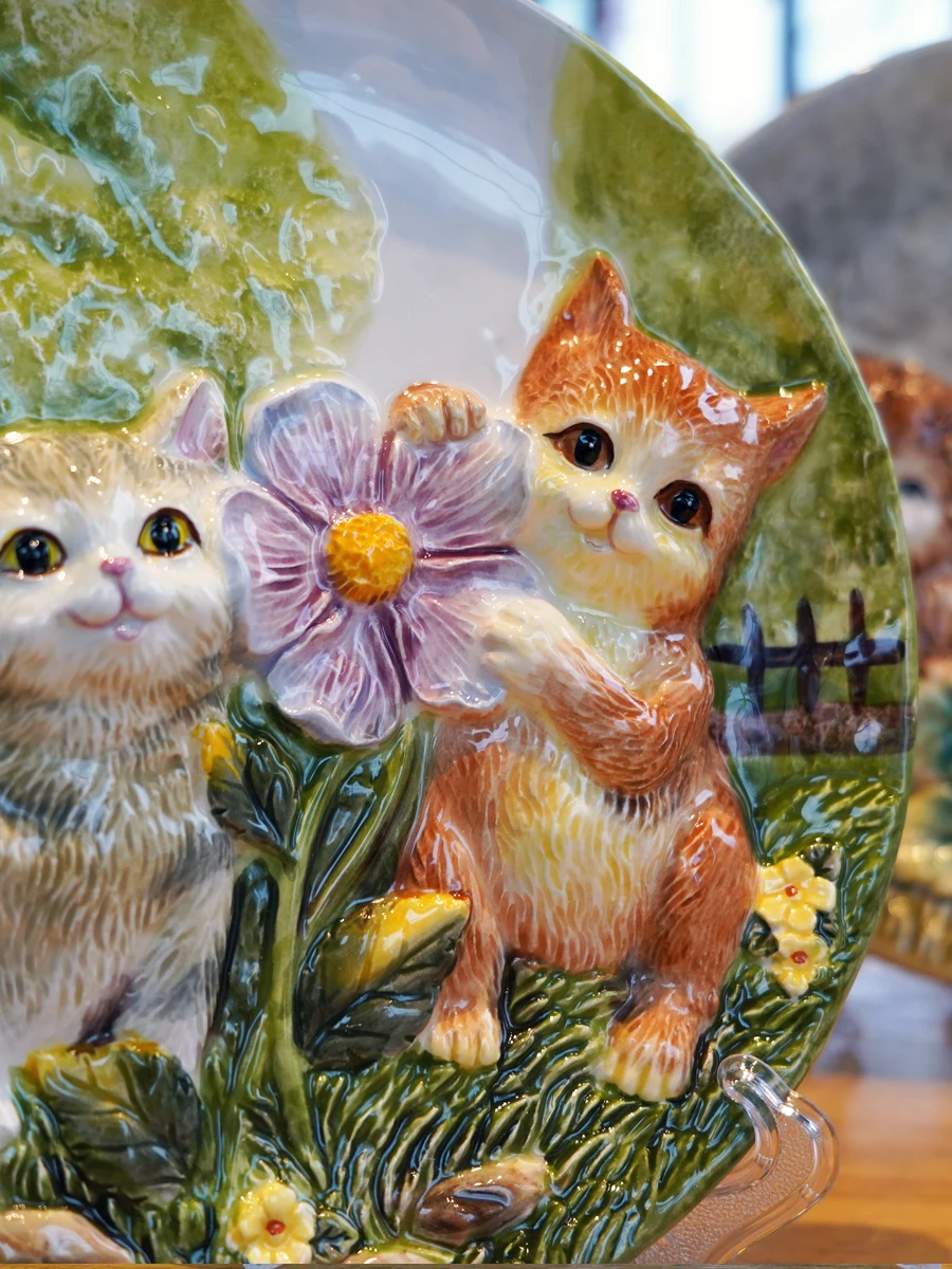 Pastoral Cute Cat Ceramic Three-dimensional Decoration Swing Plate Wall Decoration Ceramic Plate TV Cabinet Decoration Dishes