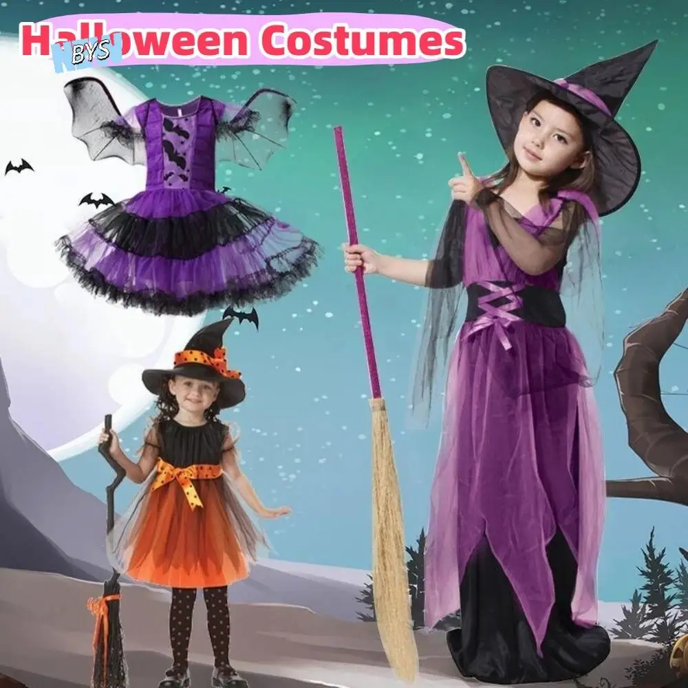 

Kawaii Childern Halloween Costumes Pointy Hat Wizard Kids Witch Dress Set Bright Color Costume Cosplay Props