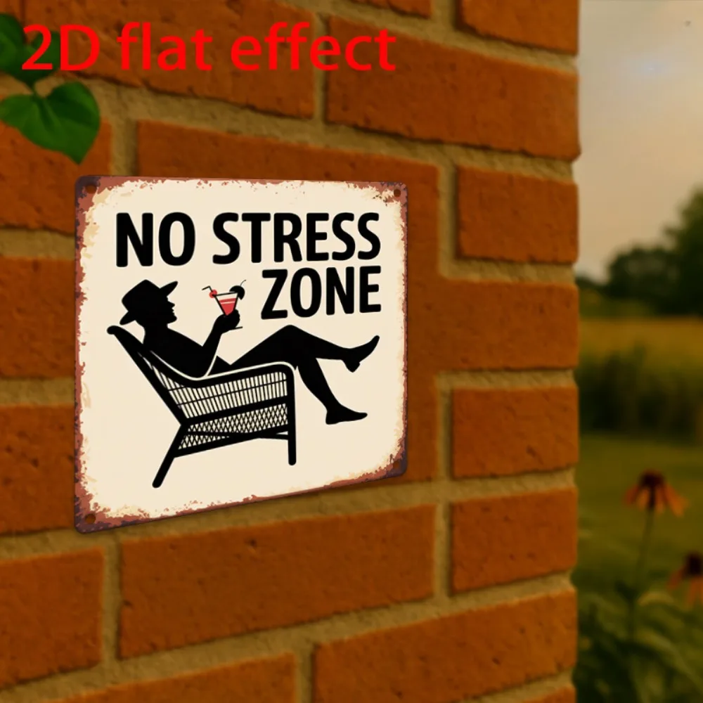 2D Flaches Entspannungsschild ohne Stresszonen, 1 Stück, Vintage Aluminium Wandschild, Minimalistische Moderne Kunst für Lounge, Garten und Außenbereich