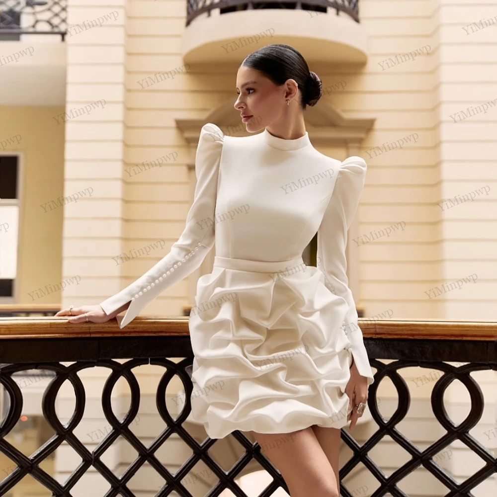 

Modern Satin Mini Straight Wedding Dress Simple Long Sleeves High Neck Pleated Bridal Gown Sexy Open Back Short Dress Customized