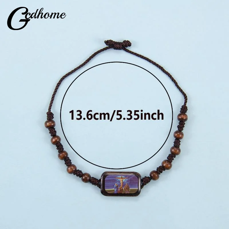 Bracelet chapelet en bois réglable avec autocollants d'icônes religieuses, finition émail, bijoux de prière spirituels perlés pour usage dévotionnel