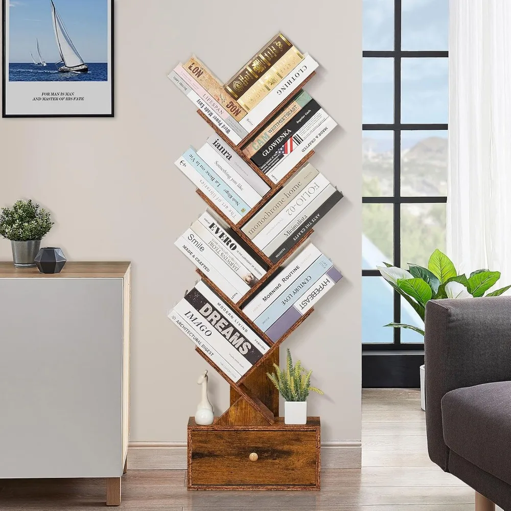 Library Furniture，8-story tree shaped independent wooden bookshelf with drawers for book storage Library Furniture