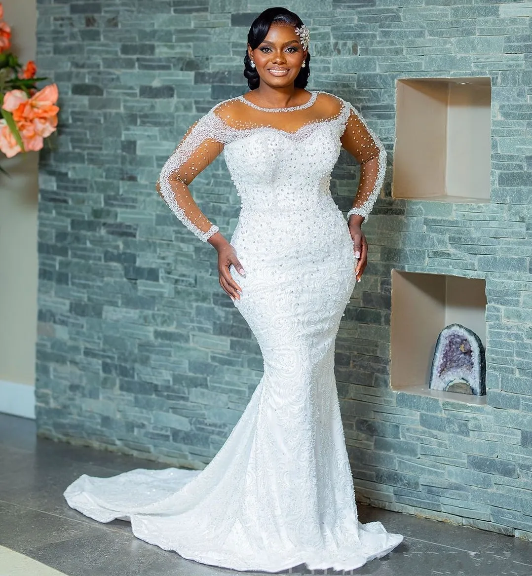 2026 Свадебное платье русалки со съемным шлейфом, прозрачное свадебное платье с длинными рукавами и вышивкой из бисера для невесты