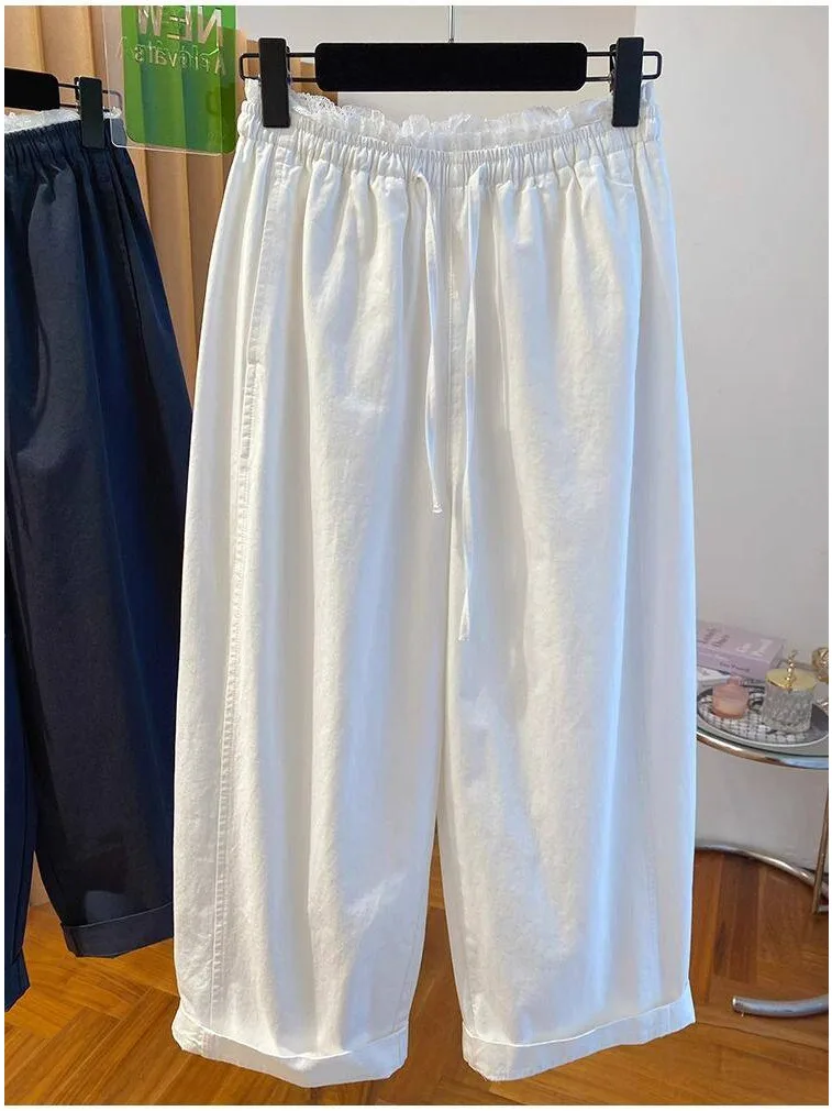 

Повседневные брюки больших размеров, мужские свободные брюки прямого кроя с эластичной резинкой на талии и кружевной отделкой, летние корейские удобные длинные брюки