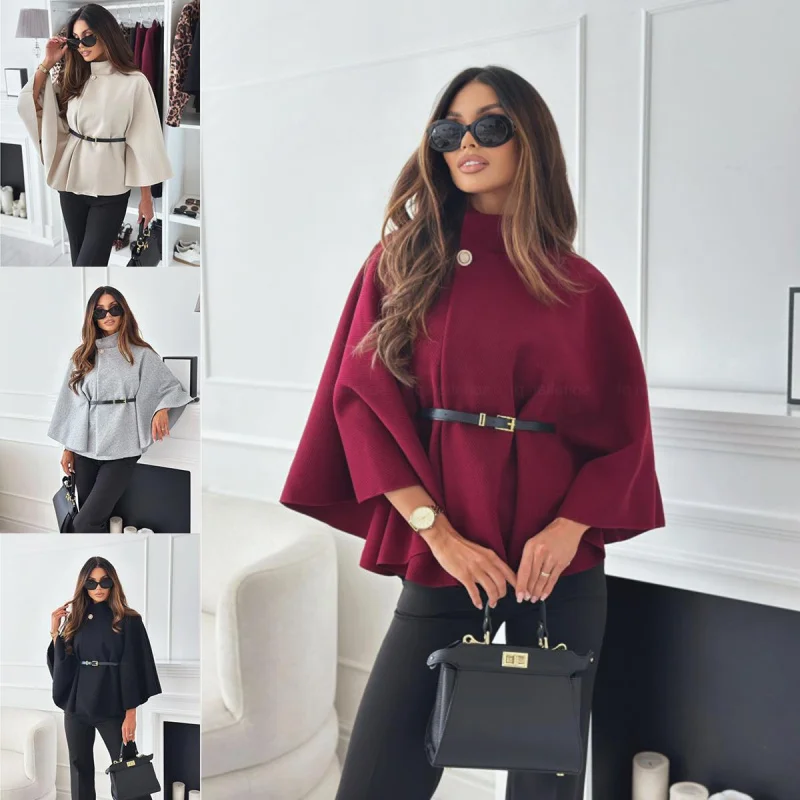 

2024Autumn and Winter New-Border Women's Clothing Solid Color Waist Tight Strap Woolen Cape Coat Top
