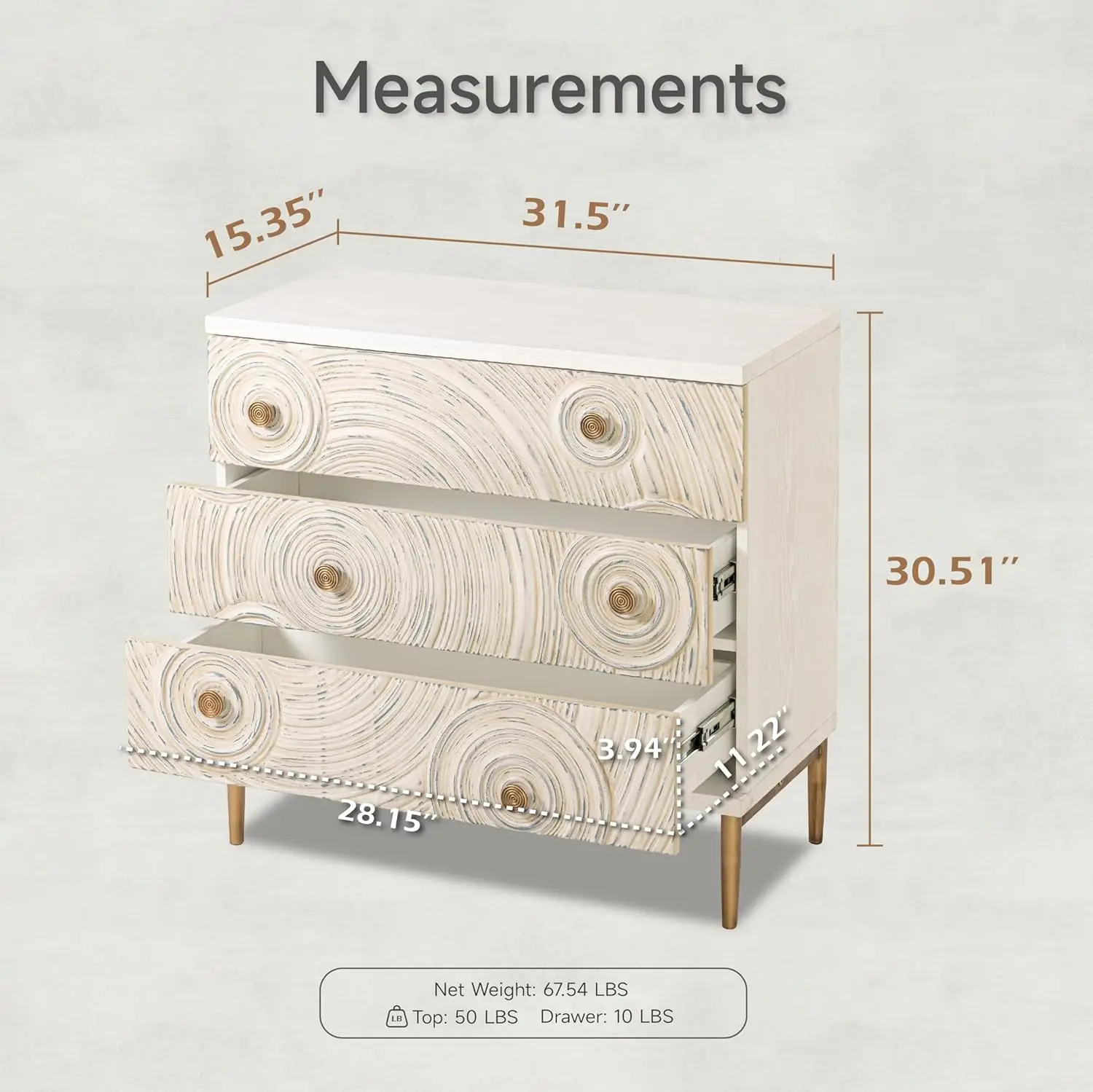 White & Gold Distressed Embossed Wooden 3 Drawer Farmhouse Dresser for Bedroom & Entryway with Ring Motif