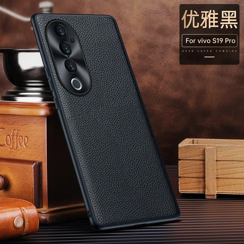 

For Vivo S19 S18 S17 S16 Case Litch Style Genuine Leather Case CD Pattern Full Camera Lens Protection Matte Soft TPU Cover