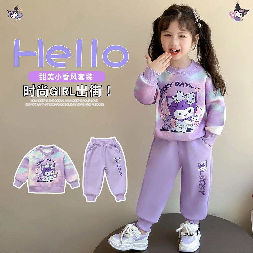 

2Pcs Kawaii Kuromi Children Girl Autumn Set Round Neck Style Anime Cartoon Fashion Sweet Sanrio Cute Outdoors Loose Set Gifts