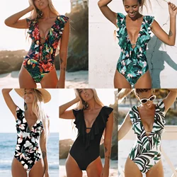 2024 Sexy One Piece Swimsuit Push Up Swimwear Women Ruffle Monokini Adjustable Shoulder Swimsuit Bodysuit Bathing Suit Swim Wear