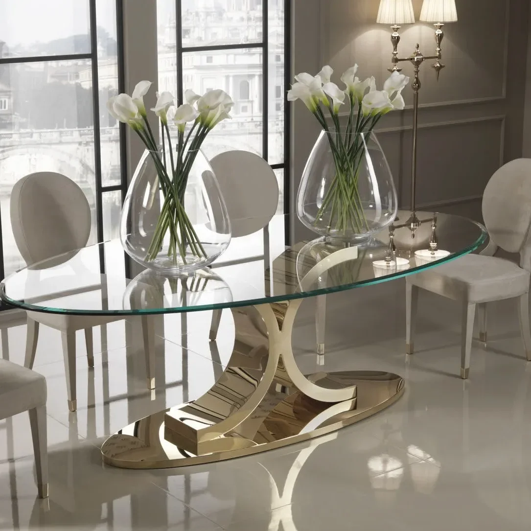 Dining room furniture Gold stainless steel base dining table Italian minimalist rock slab glass antique table