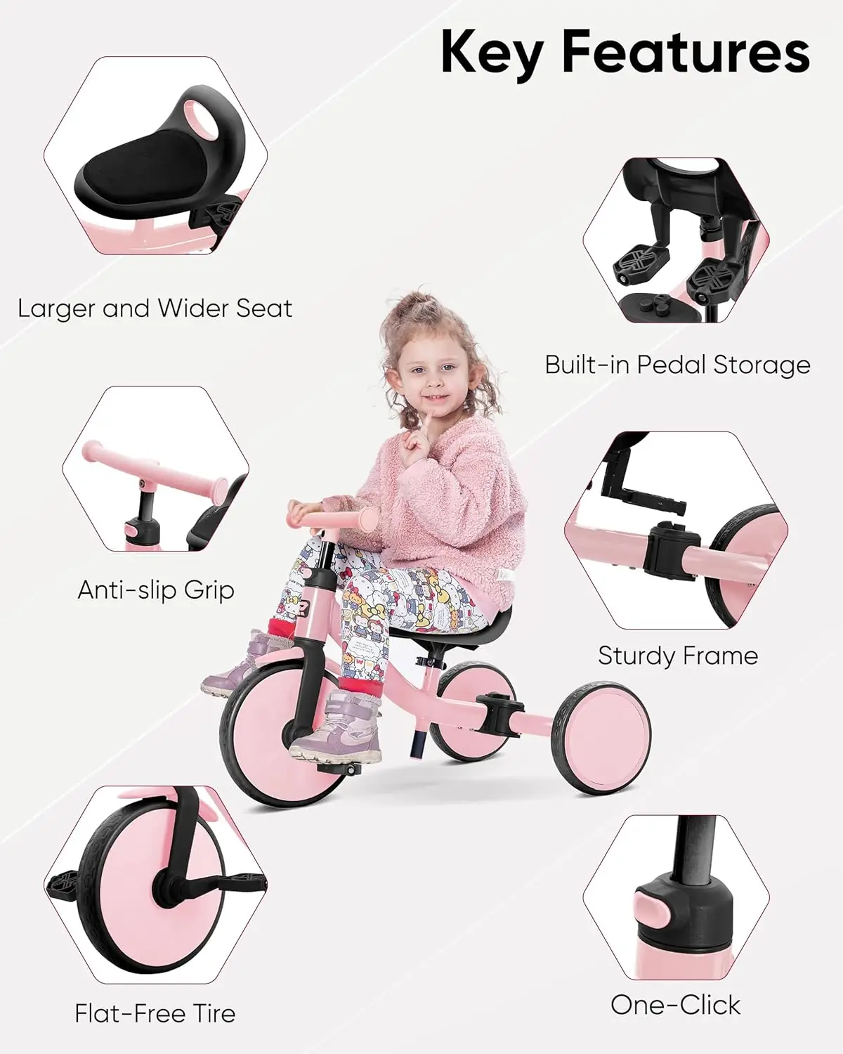 Tricycle pour tout-petits, 4 en 1, 18 mois à 3 ans, interrupteur de mode sans outil, tricycle pour tout-petits de 1.5 à 3 ans, recommandé en un clic
