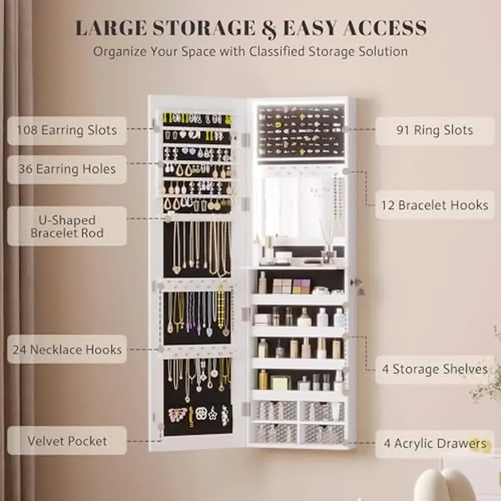 LED-sieradenspiegelkast Wand-/deurgemonteerde kastorganizer met spiegel over de volledige lengte Grote opslagcapaciteit en afsluitbaar systeem