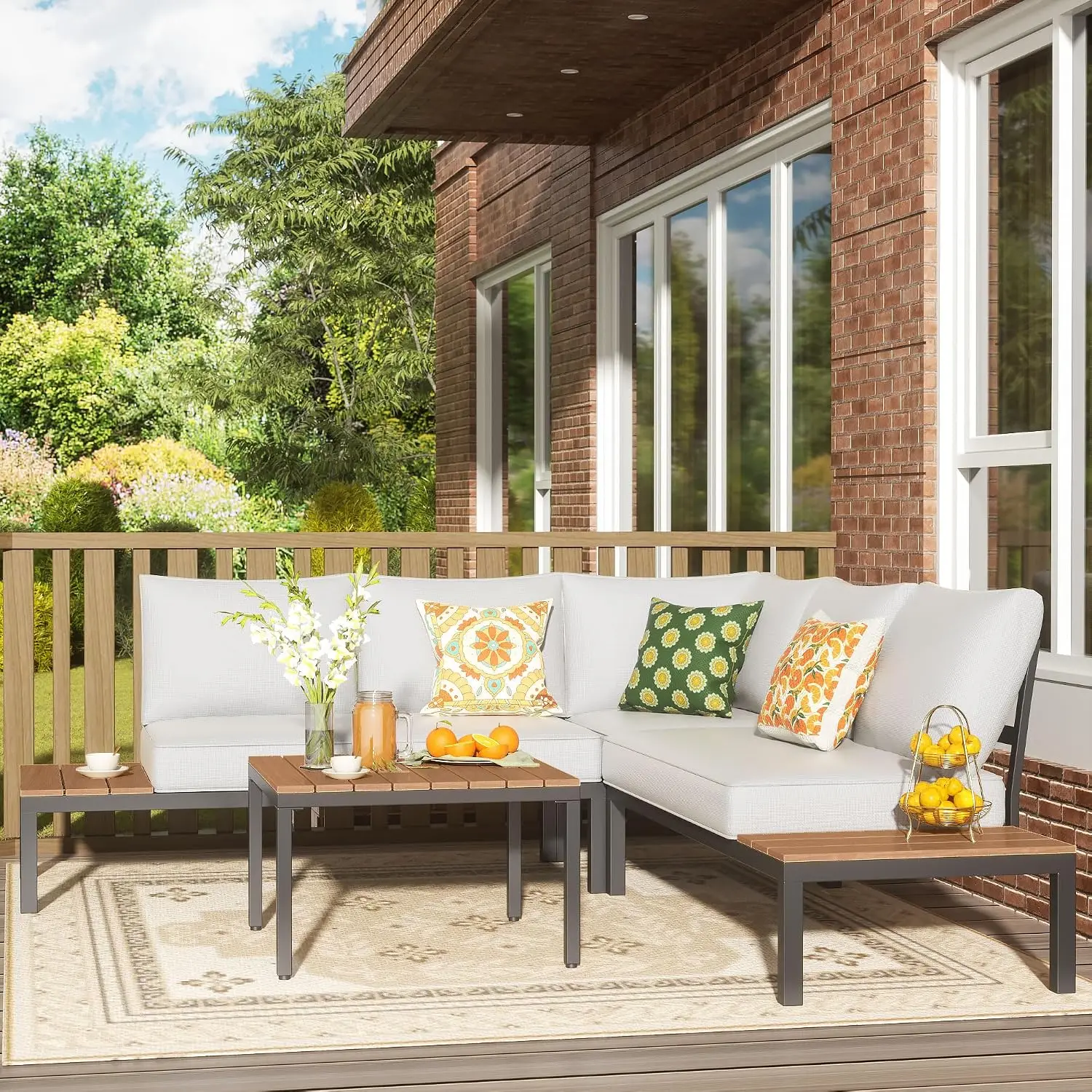L-Shape Patio Furniture Metal Corner Sofa Side Table Fauxwood Coffee Table Olefin Cushion Sling Mesh Detachable Backrest, Custom
