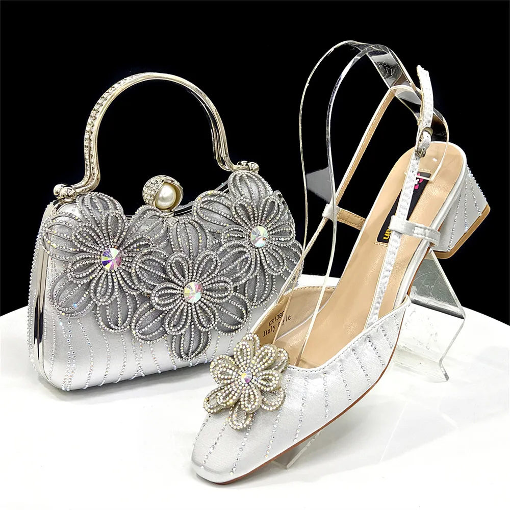 Nigeria High Quality Fashion Luxe Silver Color Square Head Heels & Three-Dimensional Bag Set – Perfect for Elegant Events