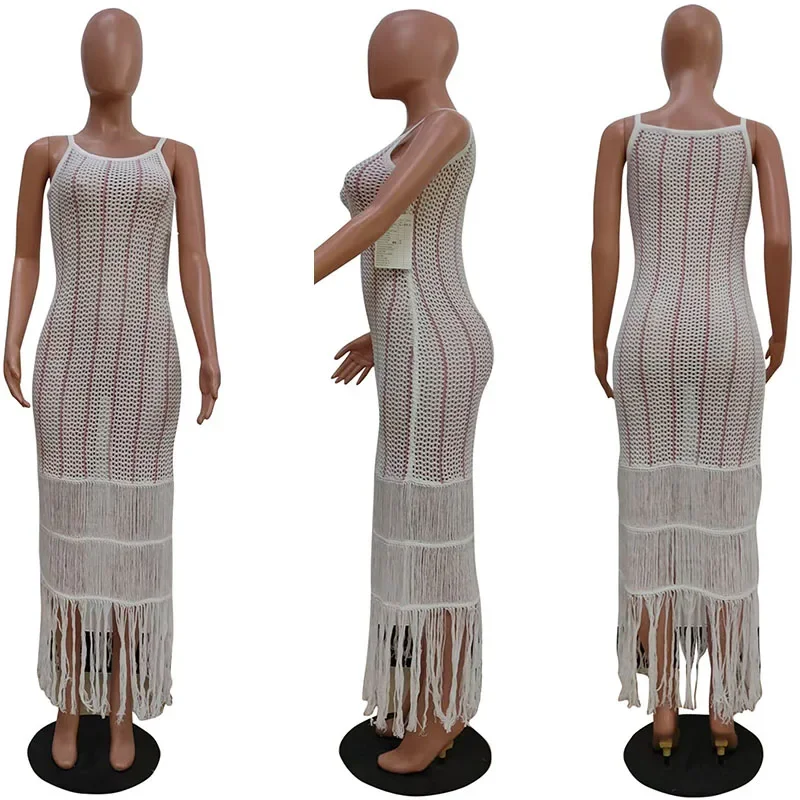 Striped Crochet Knitted Beach Summer Dresses Woman Sleeveless Spaghetti Strap Sheath Slim Fit Tassel Bodycon Maxi Dress Holiday