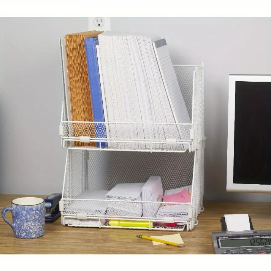 Cestas empilháveis e dobráveis de 2 pacotes, brancas, com clipe, construção de arame durável