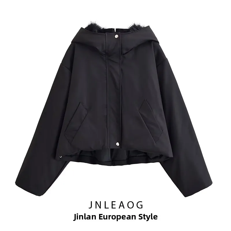 

Faionable ort Bla Hooded Jaet Women's Autumn New Sle JNLEAOG Polyester Fiber Long Sve Button Closure Coat