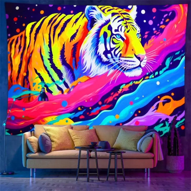 VIKAMA Psychedelic Neon Jungle Animal Tapestry, Hippie Atmosphere Wall Hanging, Aesthetic Bedroom Dormitory Home Decor