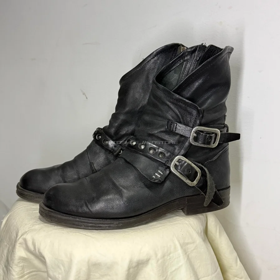 Vintage Distressed Leather Boots Unisex Small Round Toe Buckle Strap Knight Ankle Boots Back Zipper Workwear Moto Short Boots