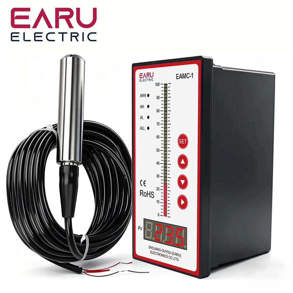 EARU 1M-10M Oil Liquid Water Level Sensor Transmitter Probe Pump Controller Float Switch 4 Relay Output Kit for Water Tank Pool