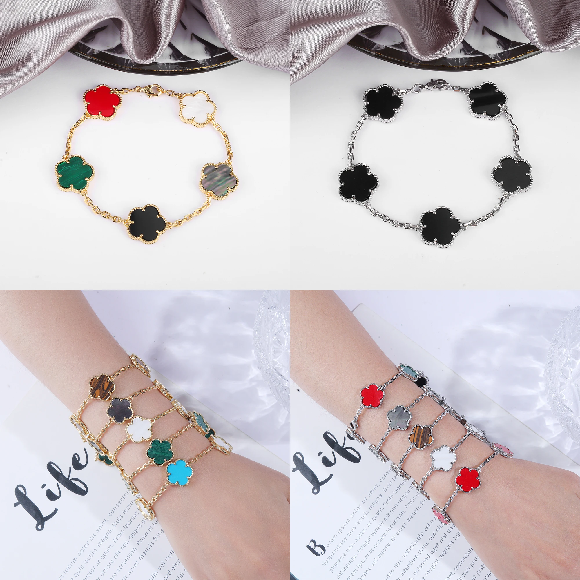 Classic 10 Colors 15mm Five-Leaf Flower Bracelet Simple Lucky Gold Silver Women'S Bracelet For Daily Wear Jewelry Free Shipping