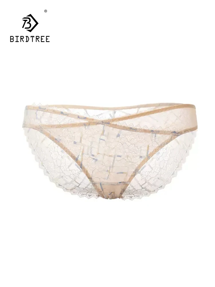 BirdTree, Lining 100%Real Silk Sexy Brief, Women Low-Waisted Thin, Lace French Breathable Underwear, 2024 Spring Summer P42020QC