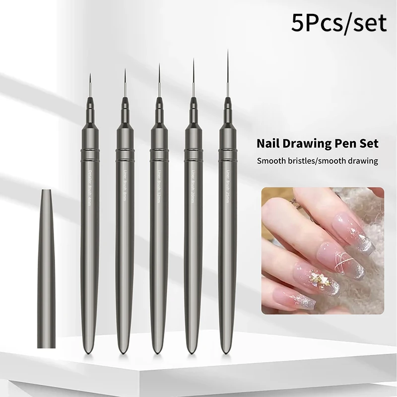 5Pcs Gun Black Extremely Fine Nail Design Line Pen Metal Rod Nail Construction Painting Brush Uv Gel Extension Drawing